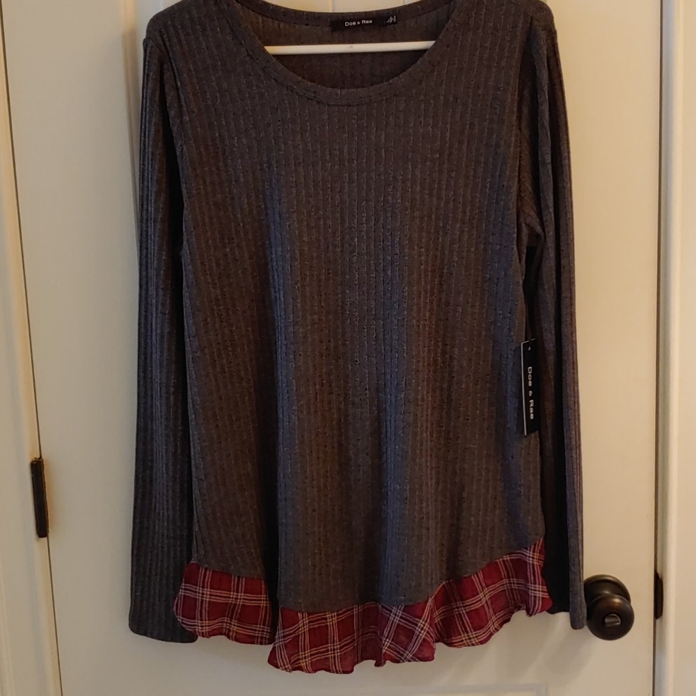Grey top with red plaid ruffle